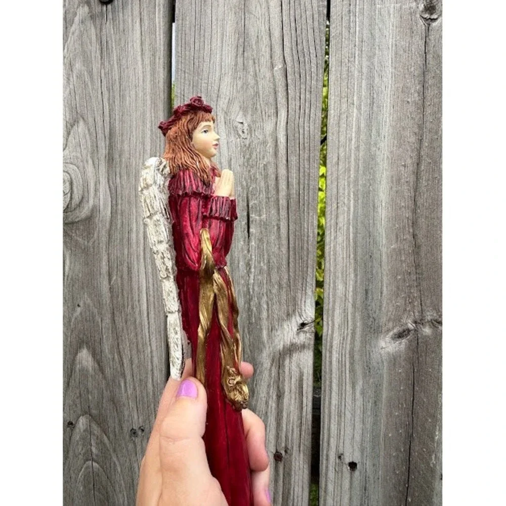 Angel Christmas Decor Figurine Burgundy Red Gold Rustic Praying Statuette